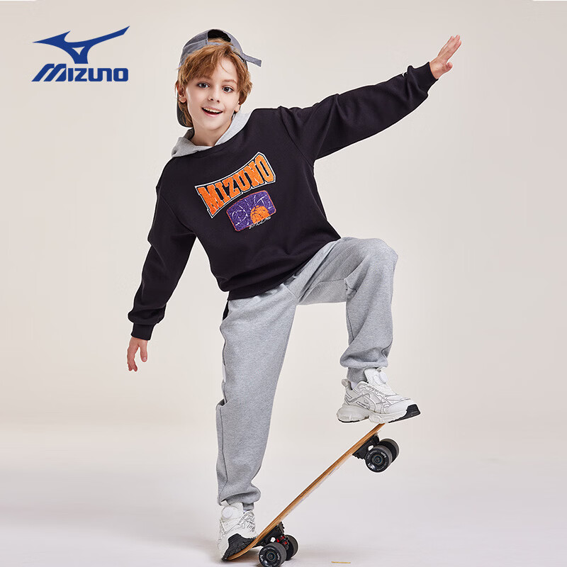 美津浓(MIZUNO)儿童卫衣连帽套头假两件时尚春秋百搭简约男女中大童 黑色 140 cm (建议身高135-145cm)