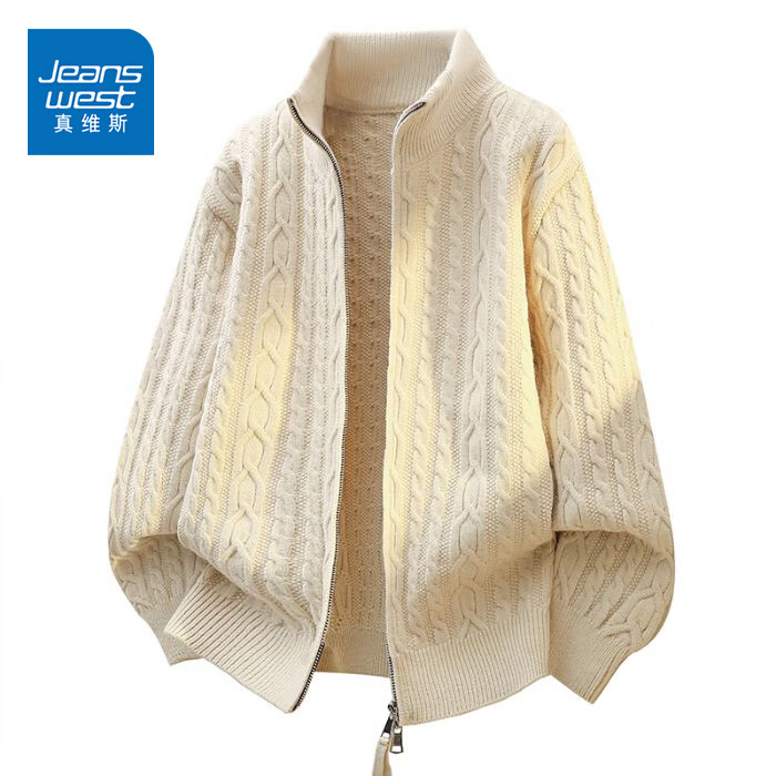 真维斯（Jeanswest）官方美拉德针织衫外套男士秋冬季美式男生复古男款毛衣 米白色 【官方正品】 3XL 【建议150-165斤】