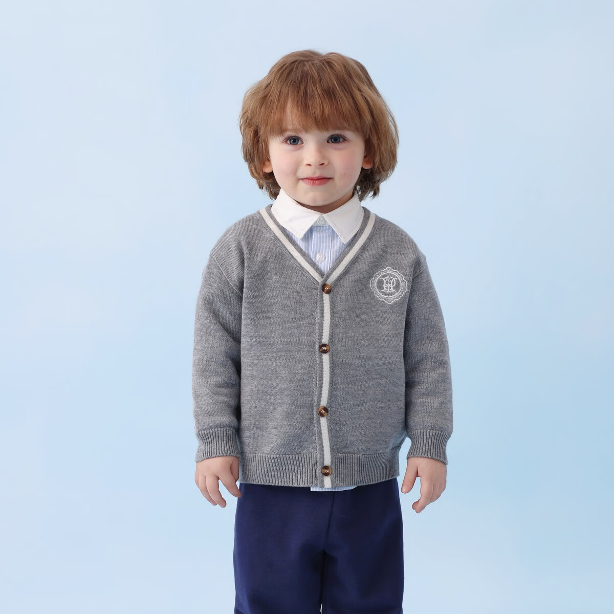 丽婴房儿童针织毛衣男童学院风针织开衫春季2026春新款 中灰 110 cm
