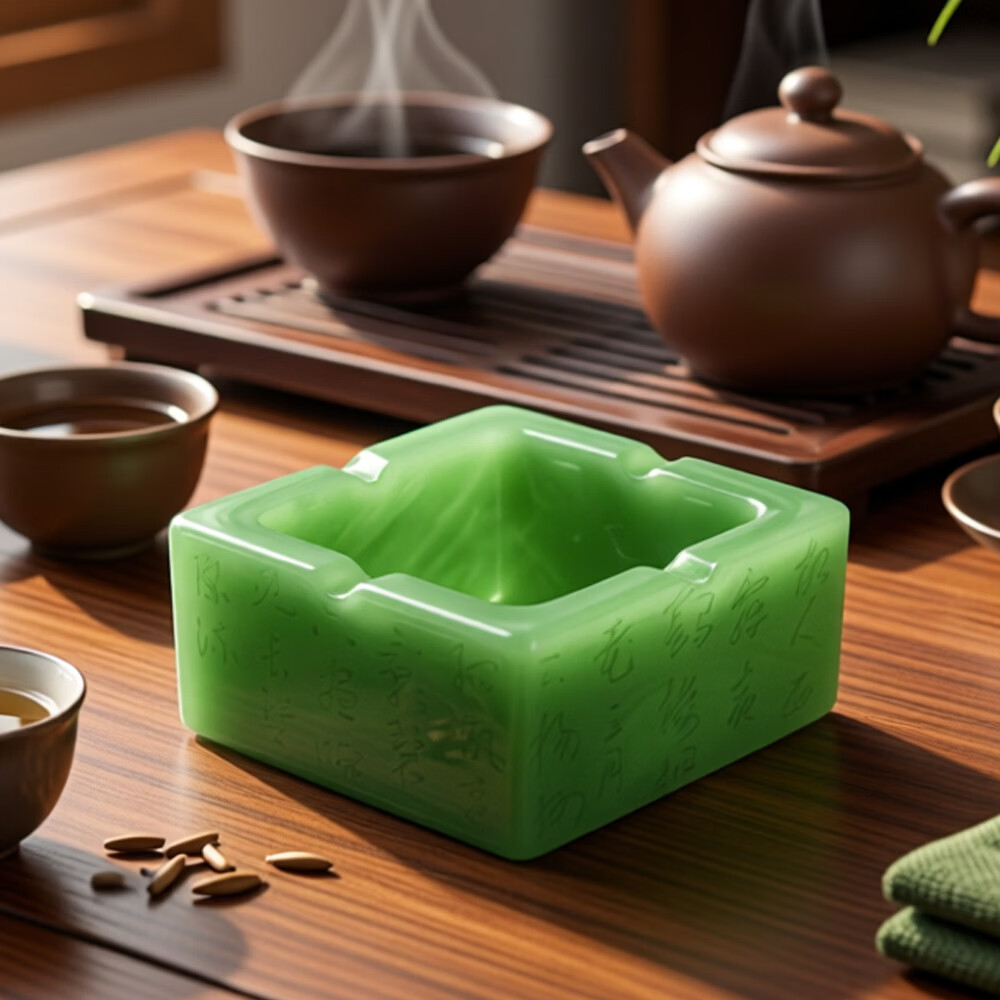 中式古风诗词创意个性烟灰缸装饰摆件客厅茶几桌面树脂仿玉装饰 仿玉-绿