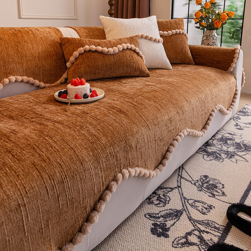 ALPLUME雪尼尔异形沙发垫轻奢复古四季通用坐垫中古风防猫抓防滑沙发盖布 流珠-橙色 三人位 90*240cm（大三人位/四人位）