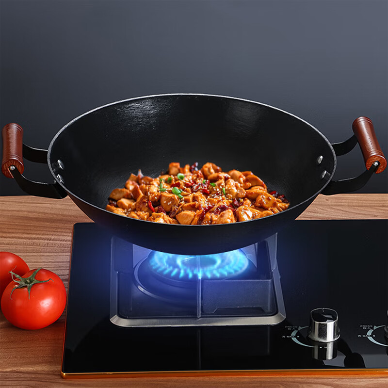 汉铸陆川铁锅龟纹生铁铸铁炒锅双耳不沾锅无涂层传统老式圆底燃气灶 龟纹双36cm有盖款（已开锅） 36cm