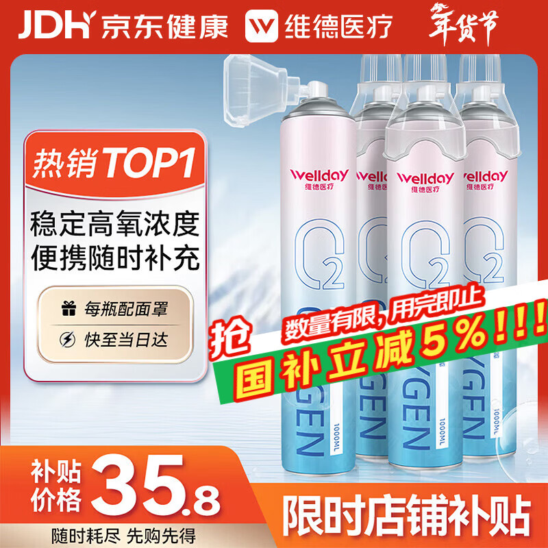 维德（WELLDAY）氧气瓶便携式供氧器孕妇老人吸氧机高原旅游氧气罐1000ml*4瓶