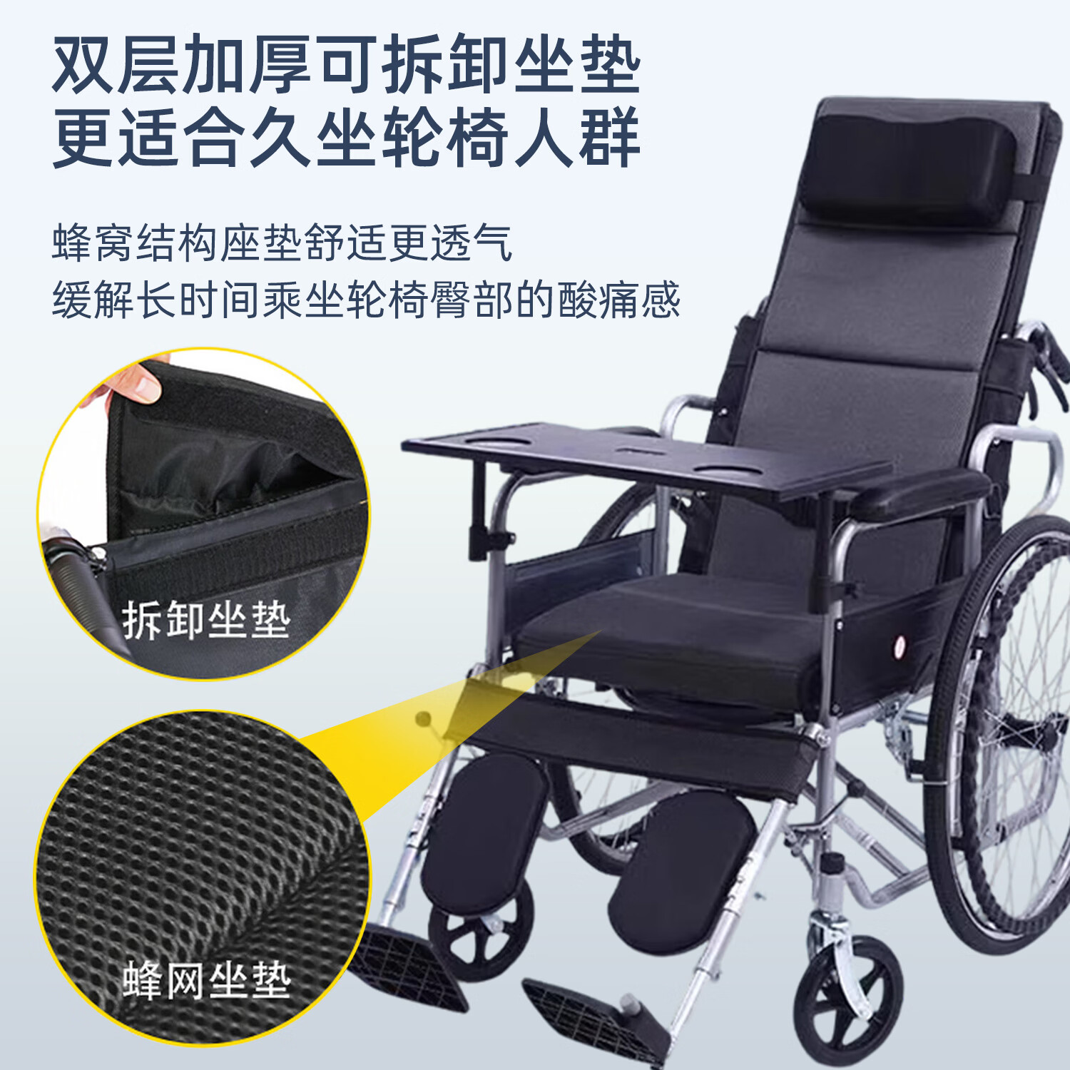 康立普（CANLIPE）轮椅瘫痪老人专用出行轻便折叠全躺多功能可抬腿洗澡大小便手推车 【大体重专用】扶手可掀防水皮革+网垫可拆+不锈钢轮