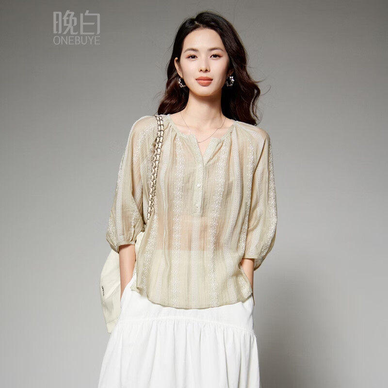 晚白【断码清仓】气质文艺风圆领亲肤莱赛尔上衣宽松大码衬衫女 浅咖色 M