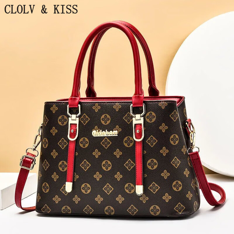 clolv kissPU软皮包包女抖音2024新款包包时尚手提包大容量单肩斜挎两用包 【老花纹】拼酒红