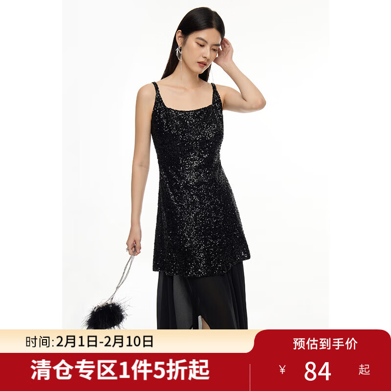 独束微胖M大码女装闪耀如星辰碎闪亮片连衣裙套装24DY83157/83338 曜石黑-连衣裙 M (尺码：1)