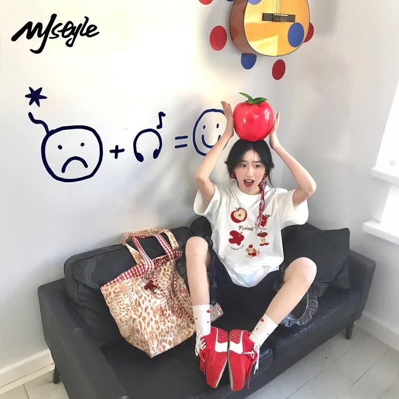 MJ STYLE纯棉红色苹果短袖t恤女2026春夏新款小众设计感宽松半袖百搭上衣