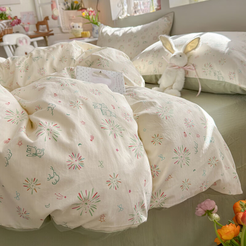 一默四件套2026款A类古法水洗仿棉云感纱被套床单床笠枕套家用四件套 烟花星语 2.0m 床单款 (被套200*230cm) 四件套