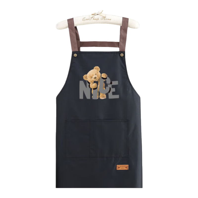 厨房餐饮专用可擦手款围裙防水防油H背带款可爱卡通印花工作服 黑色围裙1条