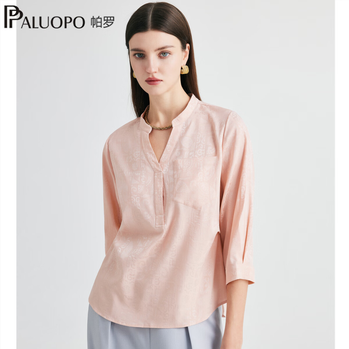 帕罗(PALUOPO)新中式国风短袖T恤女2026夏季新款真丝提花缎面透气休闲上衣 浅粉 XL 170/92A