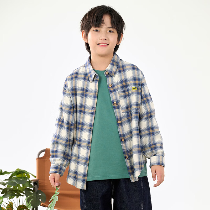棉花堂(cottontown)棉花堂男童格子衬衫上衣外套儿童衬衣休闲春秋季新款童装中大童 蓝白格 90 90/52