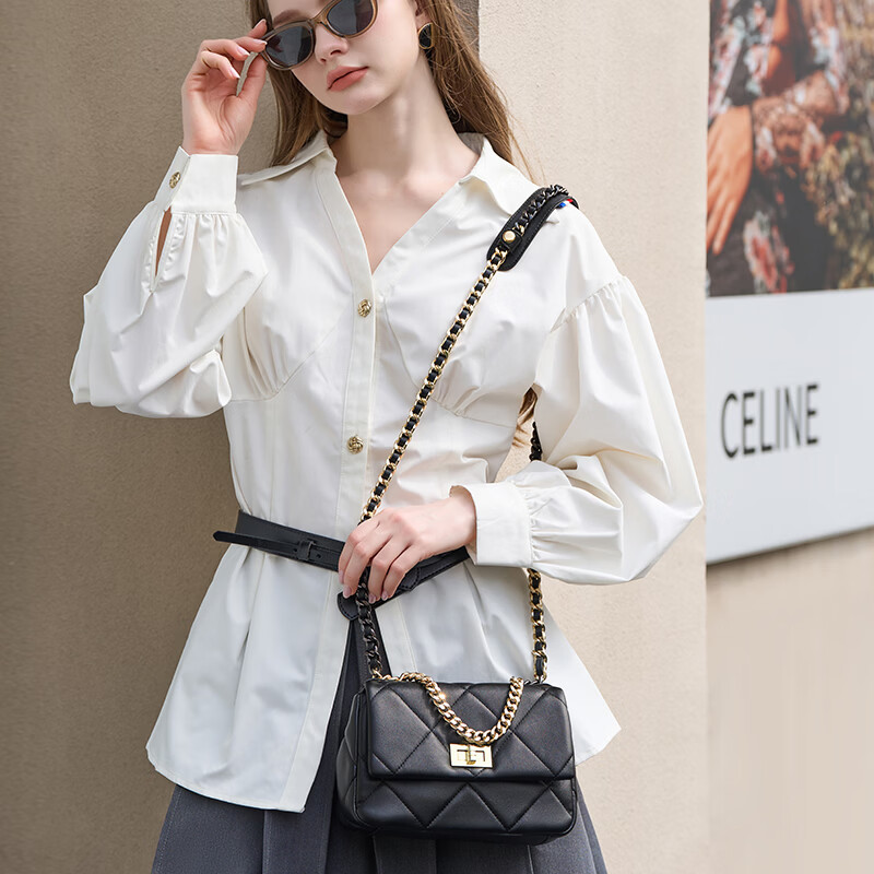 GUSKI法国奢侈品牌女包方包手提菱格包腋下单肩斜挎包生日情人节礼物 Black【黑色】 送女友送老婆送妈妈