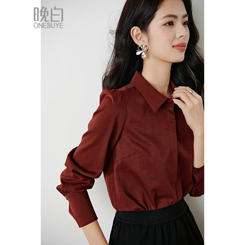 晚白【新品】2026春款经典骐骥红显白上衣气质港风知性通勤衬衫女 枣红色 L