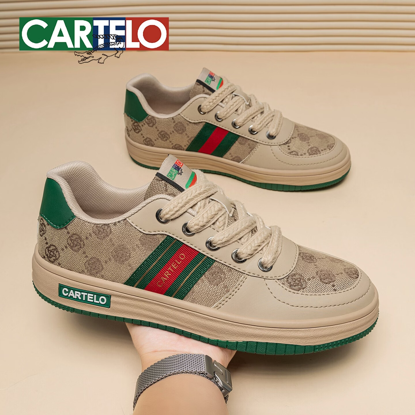 卡帝乐鳄鱼(CARTELO)复古男鞋新款透气运动休闲鞋户外男士板鞋百搭轻奢学生帆布鞋子男 米绿色 44 (270mm) 标准运动鞋尺码