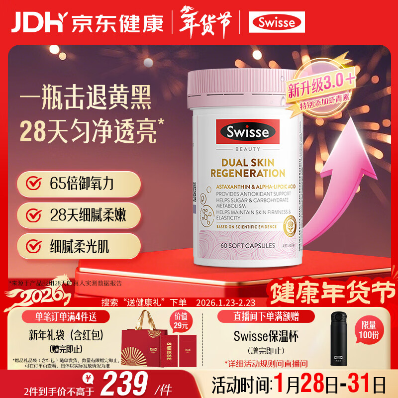 Swisse斯维诗匀亮小粉瓶Pro 抗糖抗氧化虾青素硫辛酸VC祛黄亮肤美白60粒