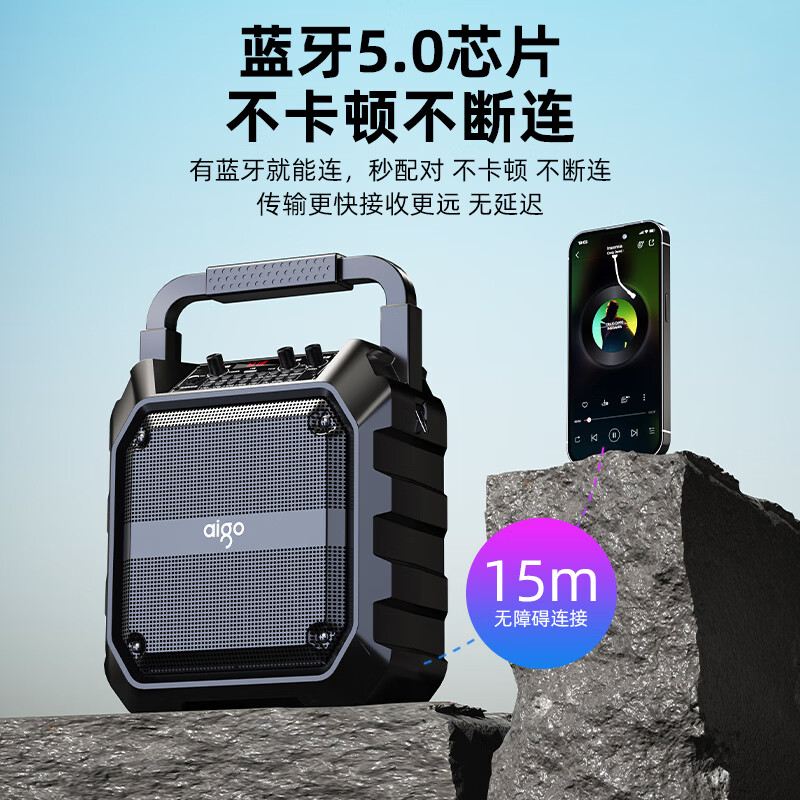 爱国者（aigo） T20手提蓝牙音响广场舞户外大音量低音炮家用播放器便携式移动一体机声卡特效U盘TF卡扩音K歌音箱 黑色升级版【6.5寸大喇叭】无线双话筒