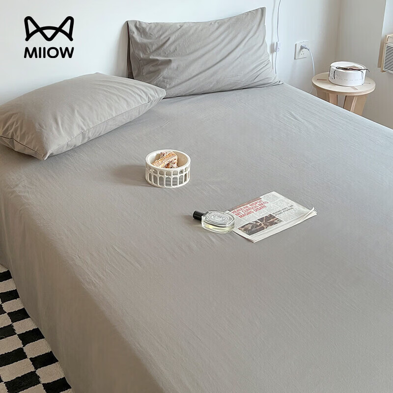 猫人（MiiOW）全棉水洗棉纯色床单1.5米x2米纯棉被单宿舍床单双人枕套三件套 浅灰【全棉水洗棉】 两件套： 160cm*230cm 床单+枕套*1