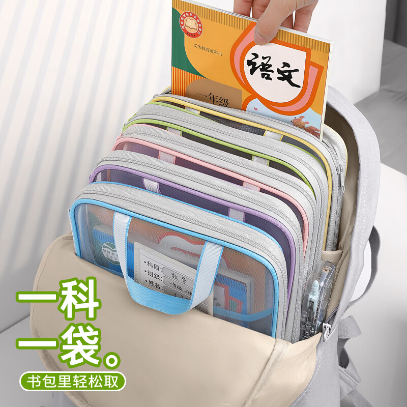 思赞L型科目分类袋透明文件袋拉链式小学生网纱大开口手提拎书袋考试专用袋子补习袋档案袋试卷收纳袋I 4个装【蓝绿黄粉】3层加厚/送标签