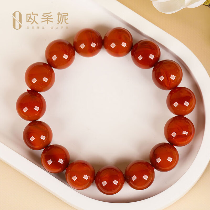 欧采妮（OUCERNY）南红手串奢藏级天然凉山妖花牛血红满色满肉火焰纹玛瑙大圆珠手链 天然南红 14M+