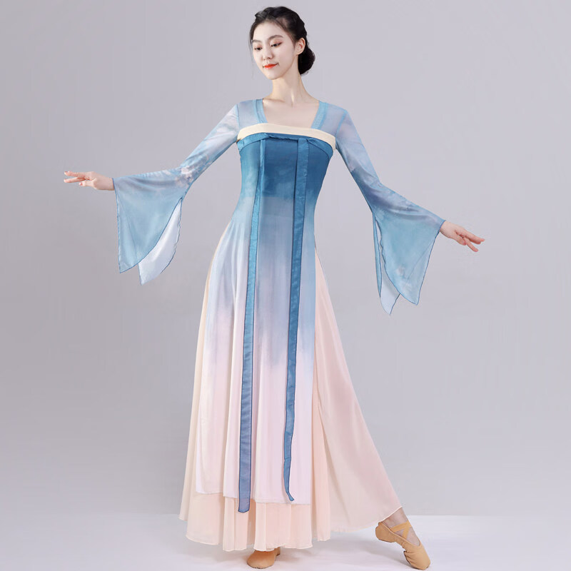 汉服古典舞舞蹈服女身韵纱衣汉唐齐胸飘带古风飘逸 山海蓝单纱衣 S
