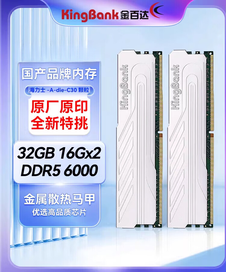 金百达（KINGBANK）DDR5银爵16Gx2星刃6000C28黑刃内存条16G/32G白刃6400/6800 D5-星刃白甲6000-海力士A代 C28 1GB 1条 16GB 单条