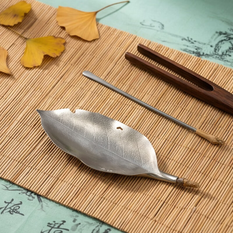 纯锡手工树叶造型锤纹茶则茶匙茶拨套组复古功夫茶具配件 纯锡叶子茶则茶拨套装