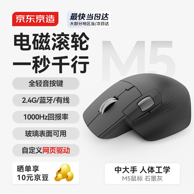 京东京造JZM5电磁滚轮三模鼠标无线蓝牙有线人体工学办公静音同Master3S游戏电竞Mac/iPad笔记本礼物石墨灰