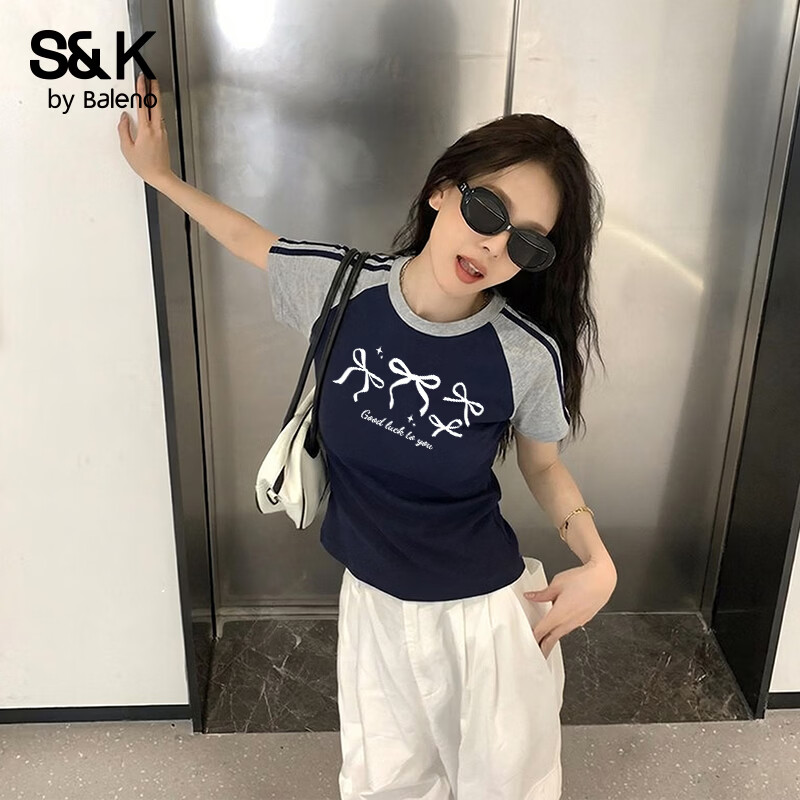 班尼路（Baleno）S&amp;K撞色插肩拼条短袖t恤女2026年夏款法式蝴蝶结正肩修身显瘦上衣