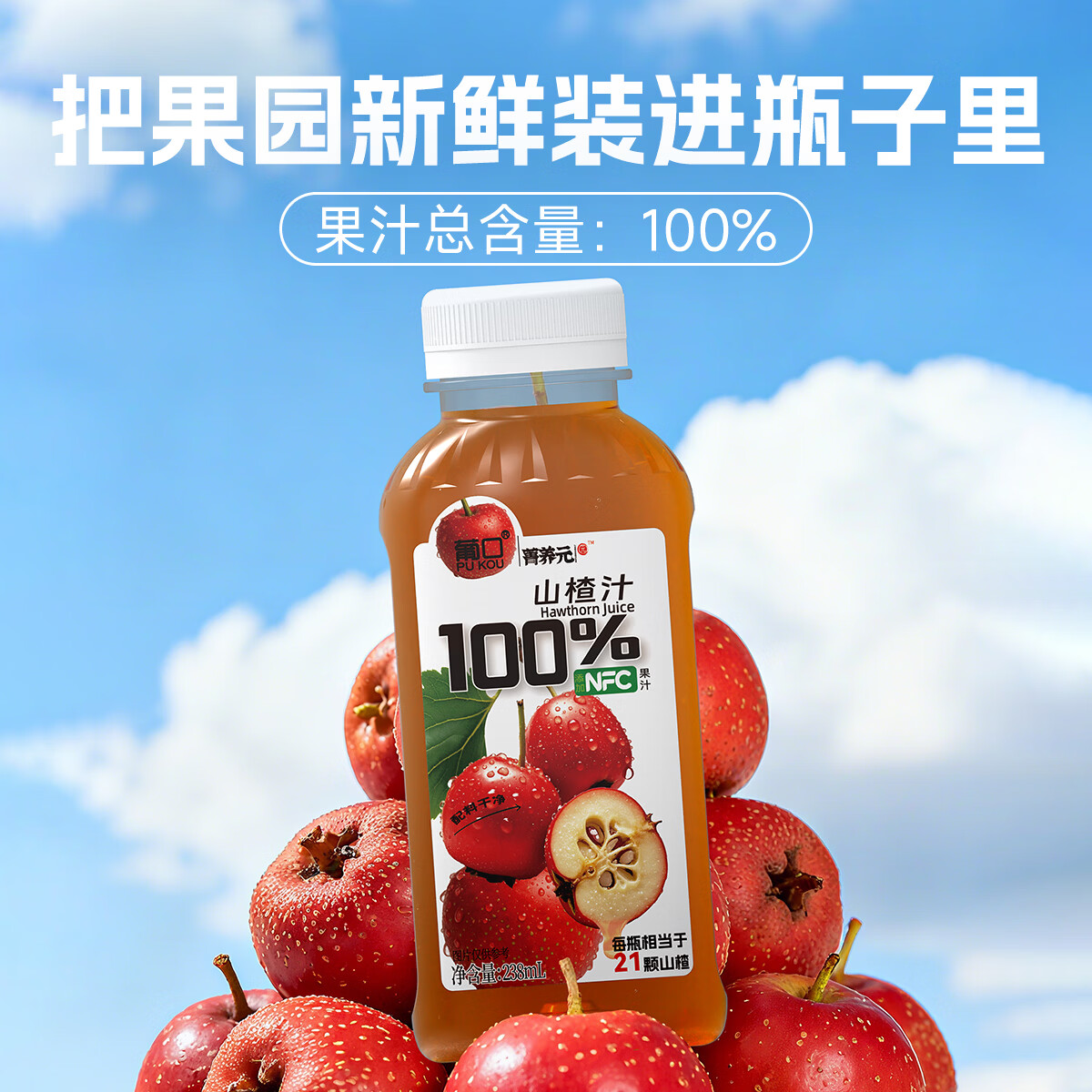 葡口100%果汁含NFC原汁0脂肪解腻饮料复合果汁青苹果沃柑石榴红葡萄汁 山楂汁238ml*10瓶 现货速发破损包赔