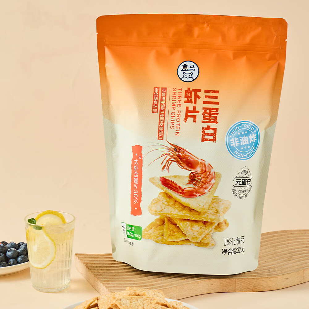 盒马 三蛋白虾片 原味 青芥末味 320g 非油炸含膳食纤维 原味 320g*1袋 袋装