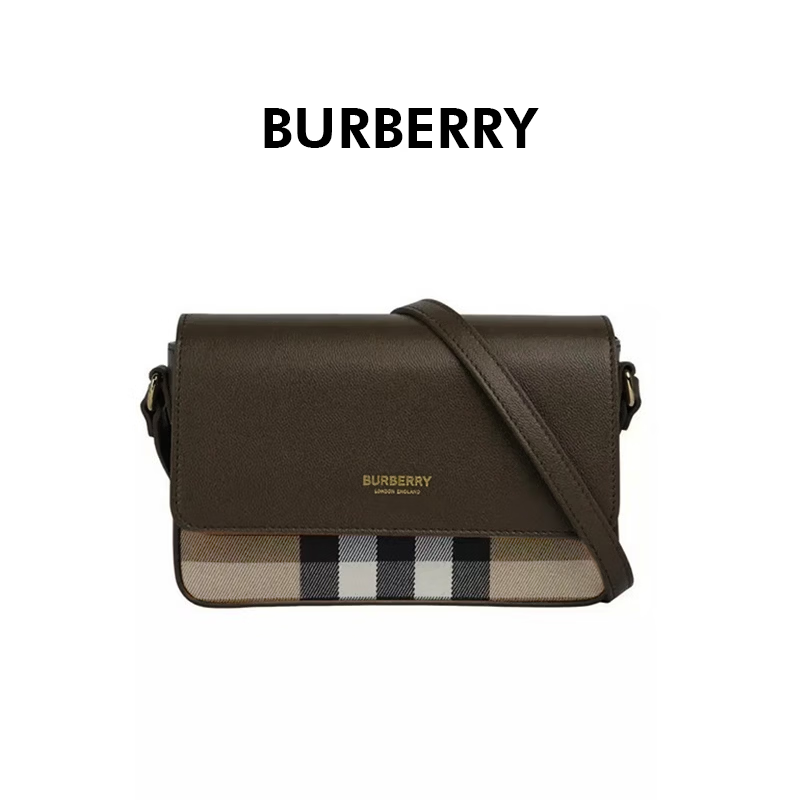 BURBERRY女士棕色皮革帆布格纹印花徽标单肩包81111721 法国直邮