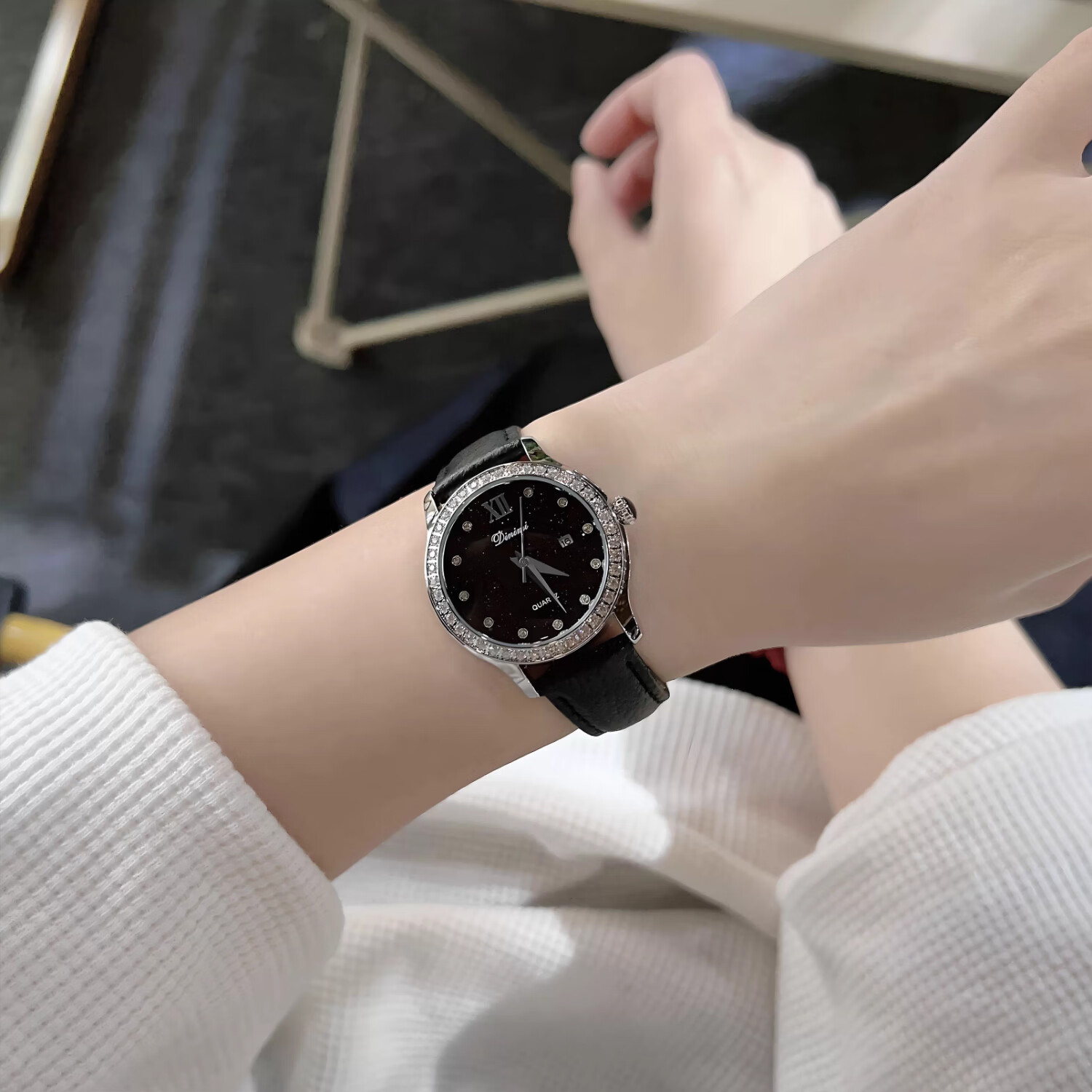 DIMINI女士高端奢华镶钻手表正品时尚机械风星空腕表小众防水石英表礼盒 酒红皮玫面（满钻款）礼盒装