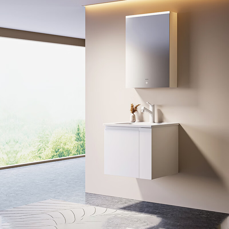 惠达（HUIDA）浴室柜 陶瓷一体盆抗菌洗脸盆柜组合188 奶油象牙白55cm【智能镜柜】