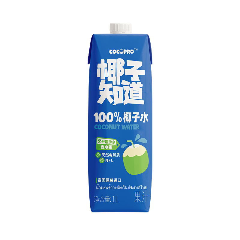 椰子知道0糖鲜椰汁椰奶饮料厚椰乳咖啡伴侣椰子汁生椰拿铁植物蛋白GJ 100%香水椰子水1L*2瓶