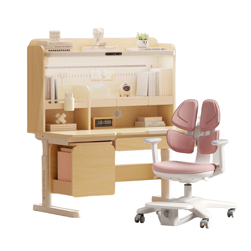 護(hù)童（Totguard）兒童書桌學(xué)習(xí)桌椅套裝學(xué)習(xí)椅可升降實(shí)木芯寫字桌帶書架桌子 星辰1號(hào)Nova+G985粉（耐污布）