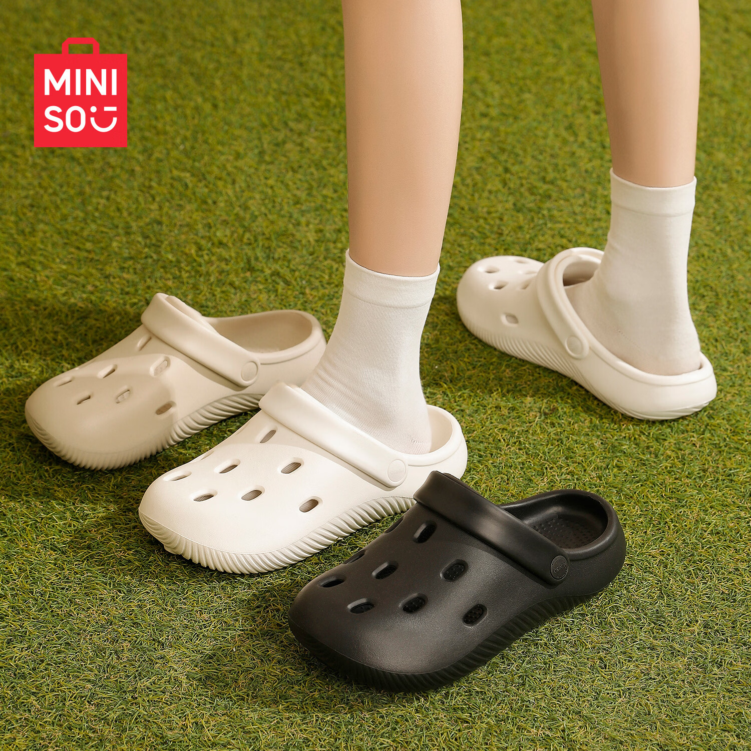 名创优品（MINISO）洞洞鞋女士夏厚底增高户外穿防滑踩屎感沙滩凉鞋包头凉拖鞋女情侣 象牙骨白 38-39