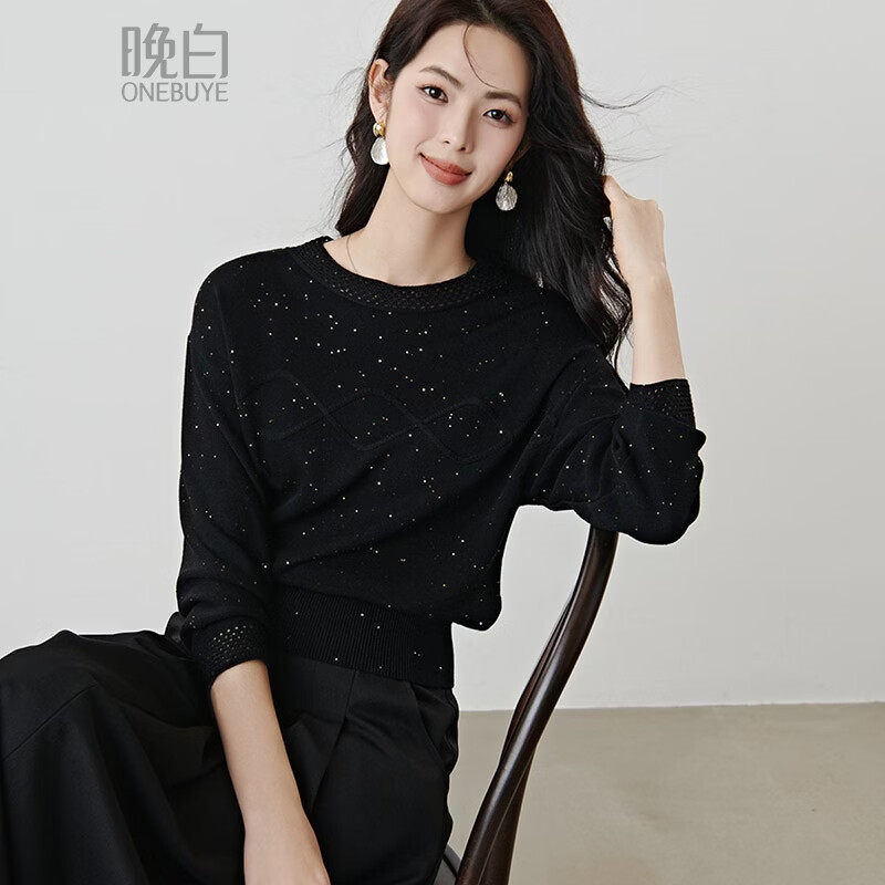 晚白2026春亮闪闪星河系列刺绣上衣苹果身材显瘦遮肉镂空蝙蝠袖针织衫 黑色 S