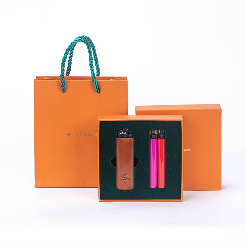 一皮（ONE LEATHER）草蜢打火机皮套真皮手工无缝工艺 草蜢打火机套礼盒个性高档礼品 棕色礼盒（含打火机）