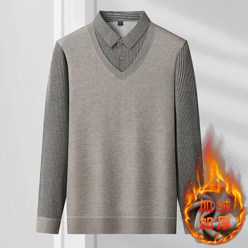 WAMLBN2025男士假两件秋冬新款韩版带领针织衫加绒衬衫领秋冬季加绒加厚 藏青 2XL 【150-165斤】