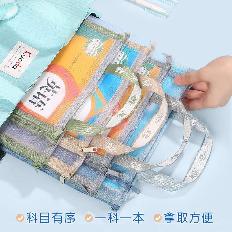 斯图（sitoo）A4学科科目分类袋拉链文件袋透明网纱收纳袋大容量小学生课本 双层试卷科目袋 双层网纱手提4只【语数英综】