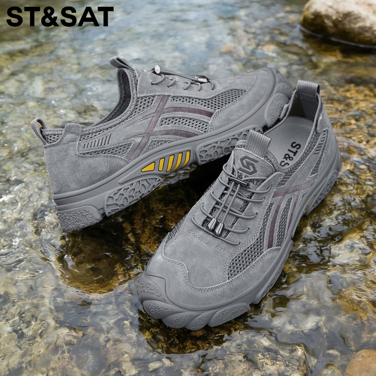 星期六（St&Sat）登山鞋男夏季新款透气网面鞋男免系带户外一脚蹬凉鞋运动飞织鞋男 灰色 44 (270mm) 标准运动鞋尺码