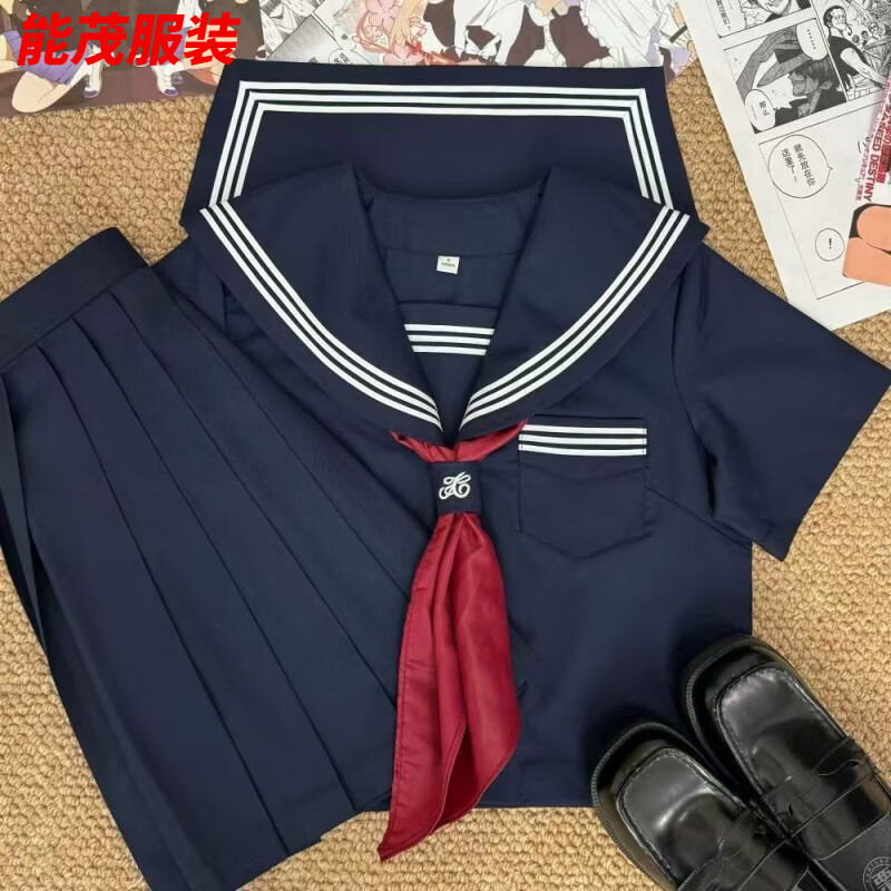 萱眸日系JK制服正统水手服基础款绀三本上衣新品萌妹中间服套装女 绀三本短/袖+裙子+红/领巾 S