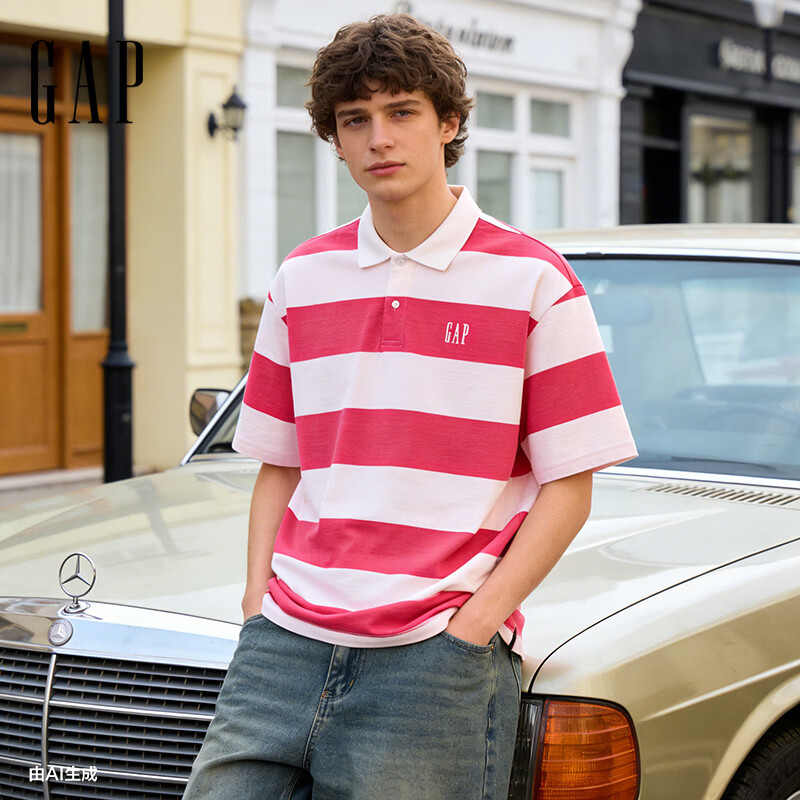 GAP男女装春夏经典款logo重磅纯棉条纹polo短袖T恤宽松727619 覆盆子红 XS (165/84A) 亚洲尺码