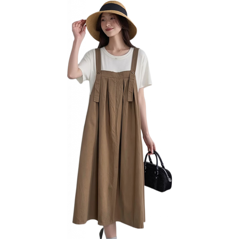 十月媽咪孕婦連衣裙春季新款韓版寬松波點打底上衣肩帶背心連衣裙 卡其【肩帶背心裙】單件 均碼【L碼】