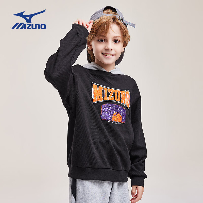 美津浓(MIZUNO)儿童卫衣连帽套头假两件时尚春秋百搭简约男女中大童 黑色 140 cm (建议身高135-145cm)