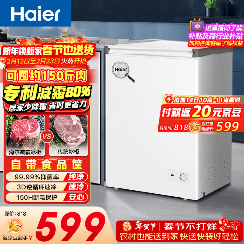 海尔（Haier）100L单温冰柜小型家用小冰柜减霜一级能效冷藏冷冻转换深冷冷柜小冰箱BC/BD-100GHW9D国家补贴