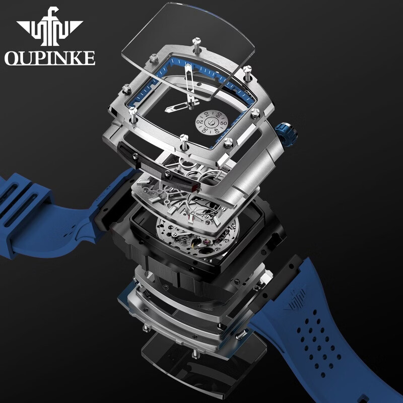 欧品客新款瑞士认证进口机芯镂空机械手表男酒桶硅胶表带防水男士手表 黑胶带本白男