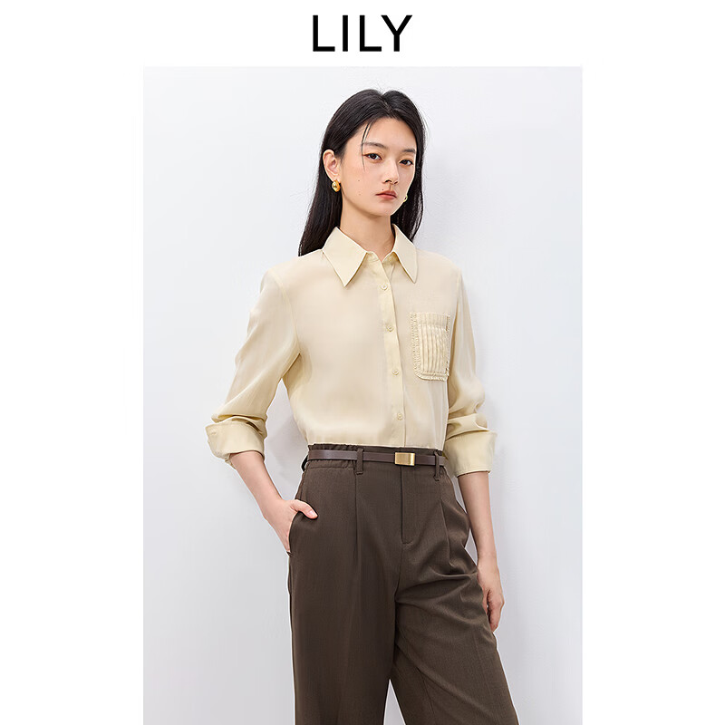 LILY2026春新款女装莫代尔混纺法式翻领垂感气质通勤浅色衬衫外套 205奶黄 M