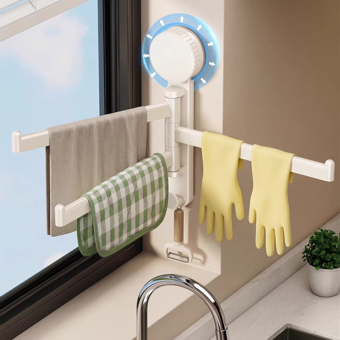 加度 吸盘抹布架免打孔厨房多功能置物架水槽边沥水架卫生间毛巾架 【奶白色】吸盘三杆置物架-1只装【可180°旋转】